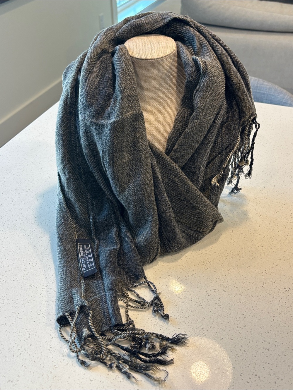 Sacred Threads Grey Herringbone Chevron Textured Fringed Wrap Scarf Shawl